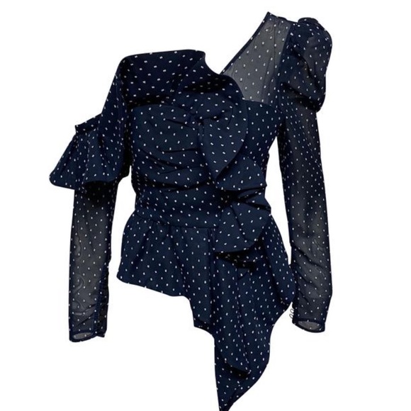 Self-Portrait Plumetis Frill One Shoulder Blouse Navy Blue Polka Dot Size 6 - Picture 6 of 16